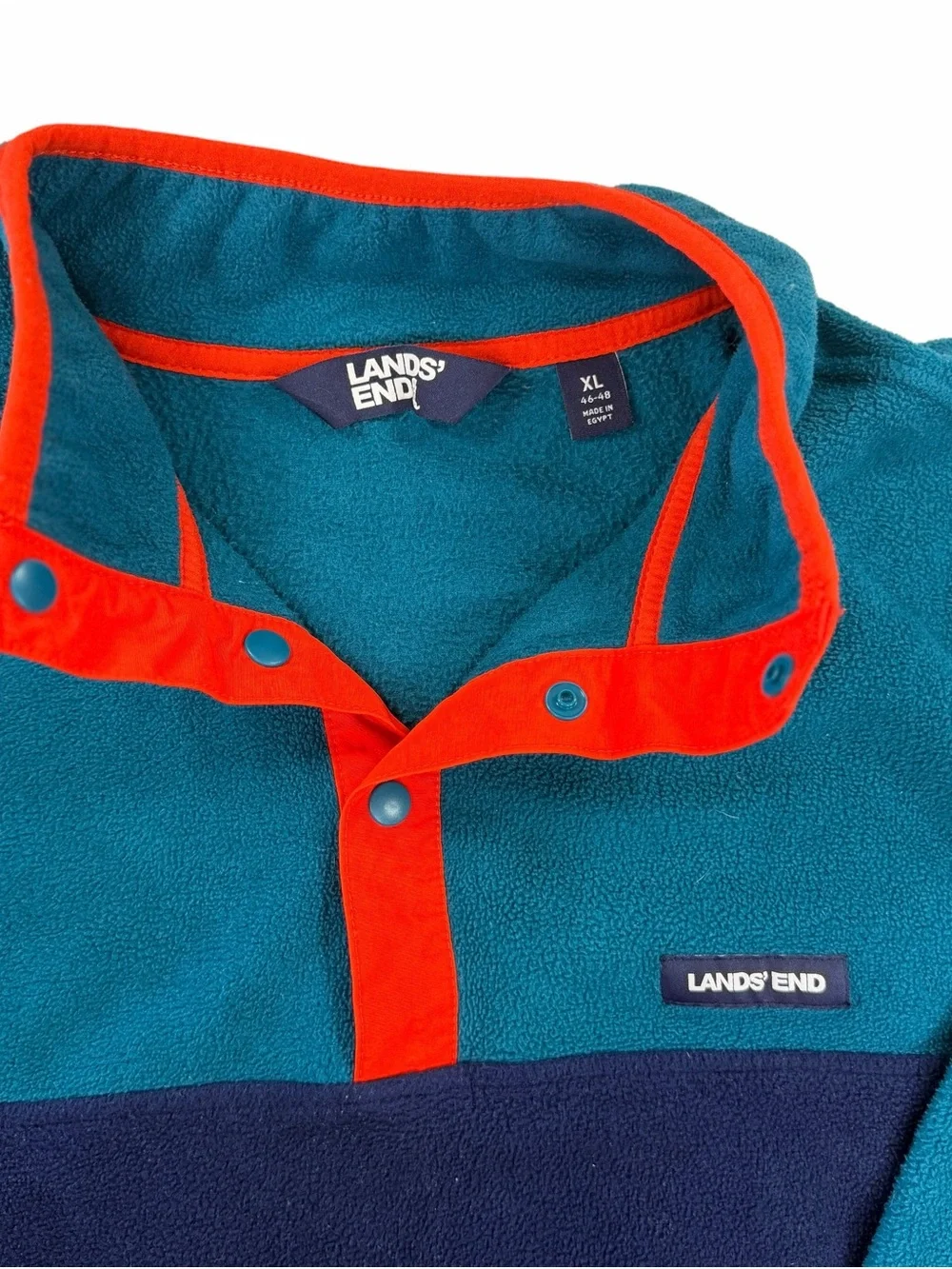 Lands' End Teal & Navy Fleece Snap-Neck with Orange Trim Y2K
